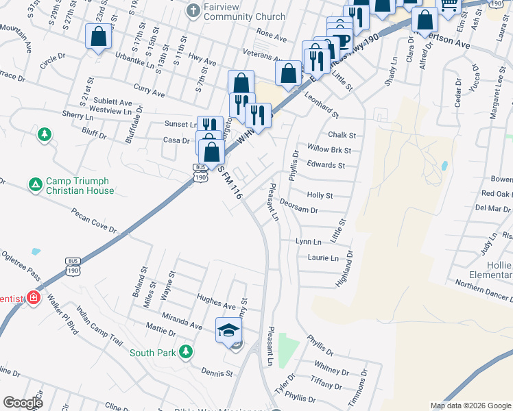 map of restaurants, bars, coffee shops, grocery stores, and more near 1102 Deorsam Drive in Copperas Cove