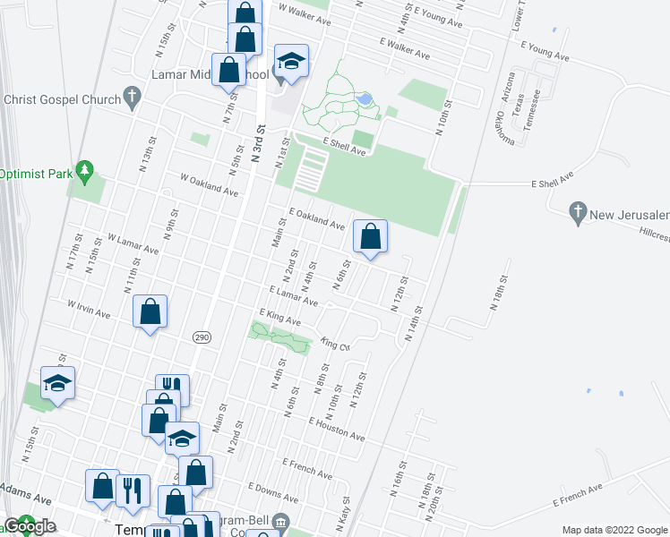 map of restaurants, bars, coffee shops, grocery stores, and more near 1306 North 6th Street in Temple