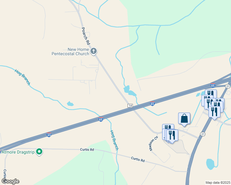 map of restaurants, bars, coffee shops, grocery stores, and more near 845 Poarch Road in Atmore
