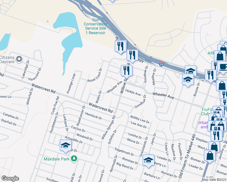 map of restaurants, bars, coffee shops, grocery stores, and more near 2205 Cascade Drive in Killeen