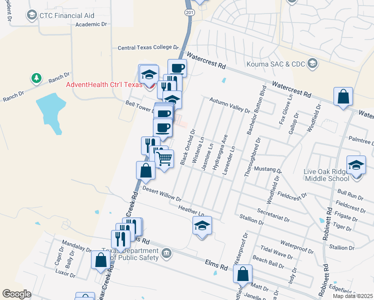 map of restaurants, bars, coffee shops, grocery stores, and more near 2705 Black Orchid Drive in Killeen