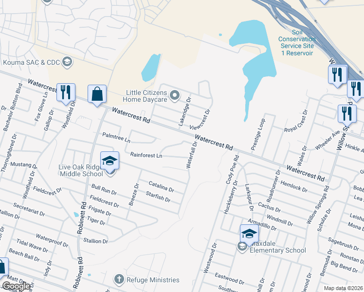 map of restaurants, bars, coffee shops, grocery stores, and more near 3404 Bamboo Lane in Killeen