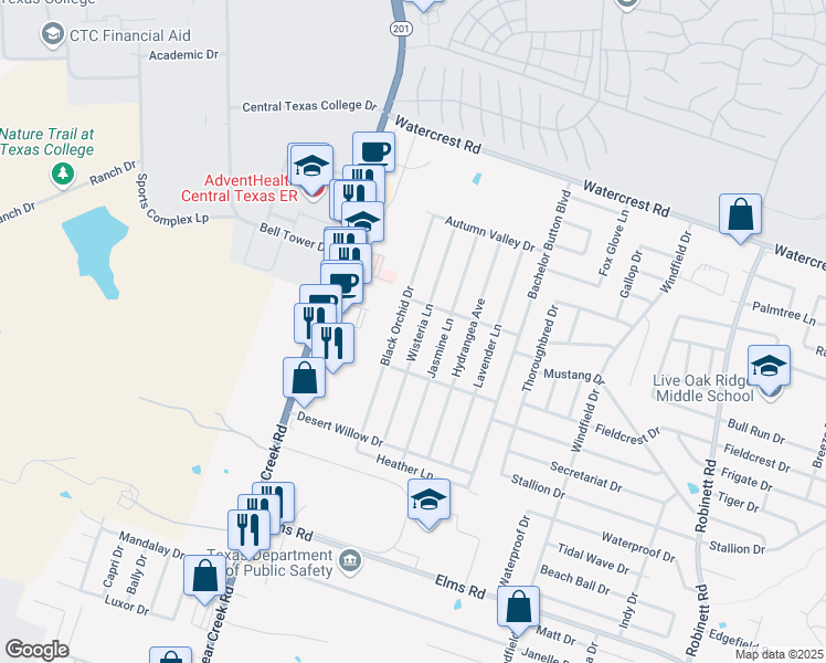 map of restaurants, bars, coffee shops, grocery stores, and more near 2803 Wisteria Lane in Killeen