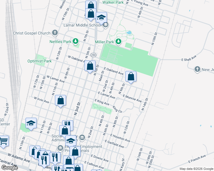 map of restaurants, bars, coffee shops, grocery stores, and more near 1210 South 4th Street in Temple