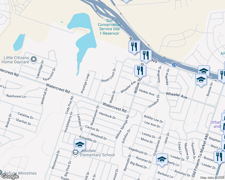 map of restaurants, bars, coffee shops, grocery stores, and more near 2305 Duke Lane in Killeen