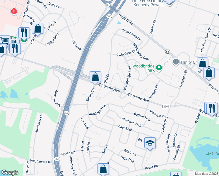 map of restaurants, bars, coffee shops, grocery stores, and more near 4101 West Adams Avenue in Temple