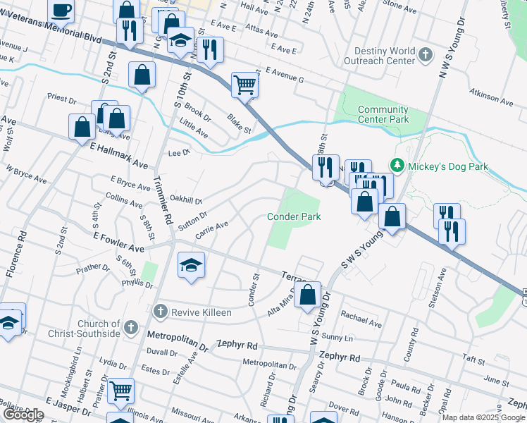 map of restaurants, bars, coffee shops, grocery stores, and more near 606 Estelle Avenue in Killeen