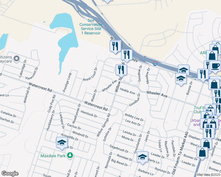 map of restaurants, bars, coffee shops, grocery stores, and more near 2205 Cascade Drive in Killeen