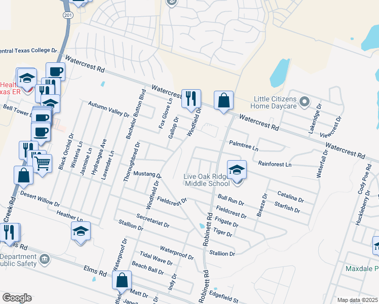 map of restaurants, bars, coffee shops, grocery stores, and more near 2700 Seabiscuit Drive in Killeen
