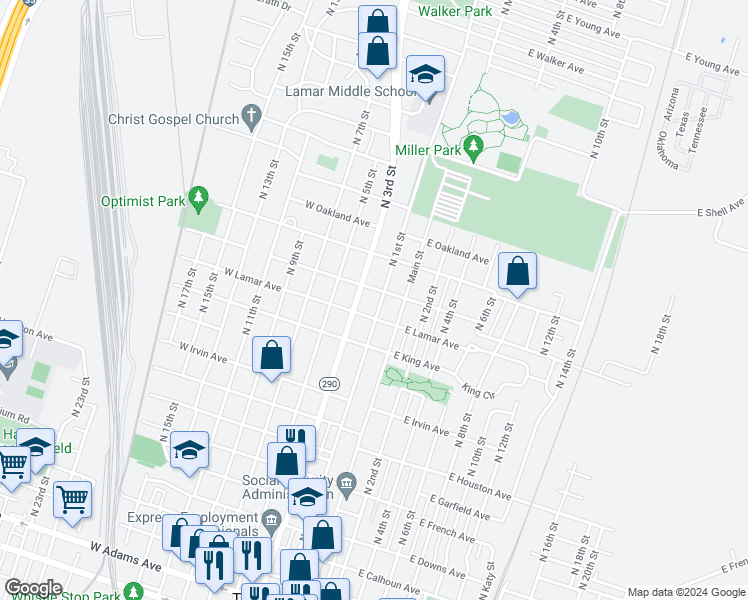 map of restaurants, bars, coffee shops, grocery stores, and more near 1212 North 1st Street in Temple