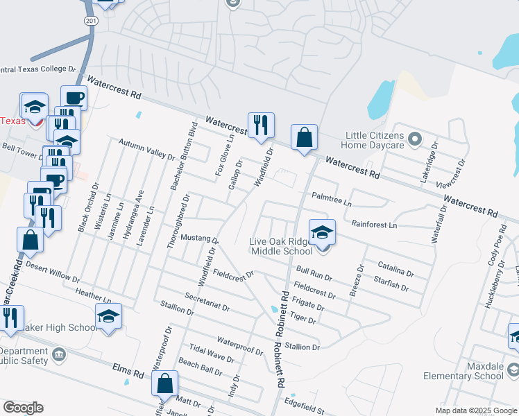 map of restaurants, bars, coffee shops, grocery stores, and more near 4301 Thunder Creek Drive in Killeen