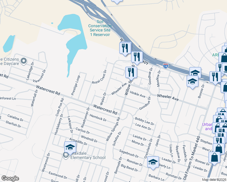 map of restaurants, bars, coffee shops, grocery stores, and more near 2219 Wheeler Avenue in Killeen