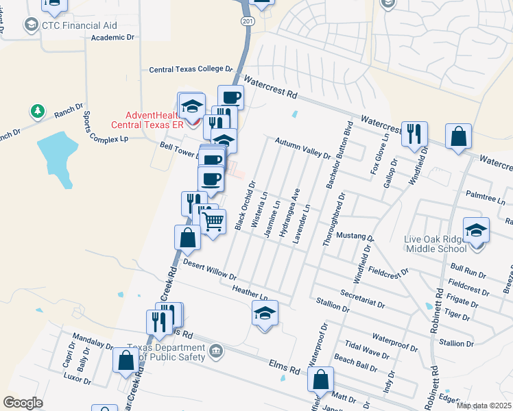 map of restaurants, bars, coffee shops, grocery stores, and more near 2804 Wisteria Lane in Killeen