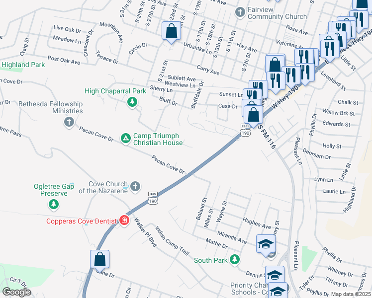 map of restaurants, bars, coffee shops, grocery stores, and more near 1504 High Chapparal Drive in Copperas Cove