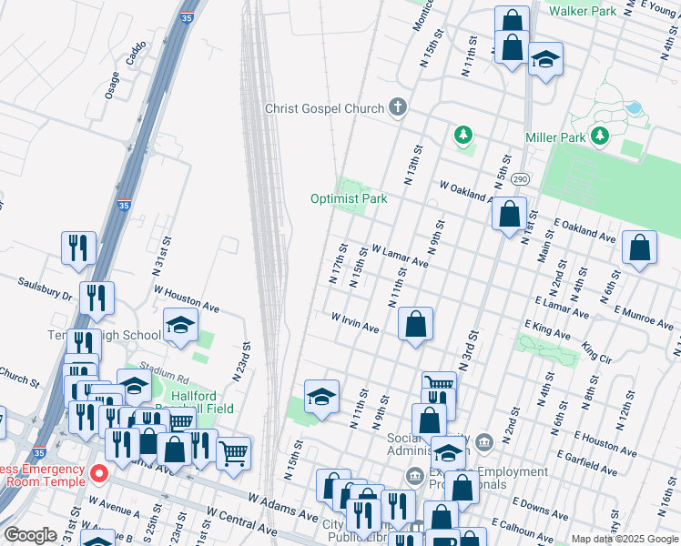 map of restaurants, bars, coffee shops, grocery stores, and more near 1105 North 17th Street in Temple
