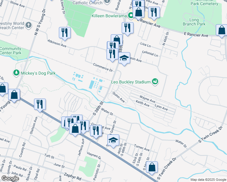 map of restaurants, bars, coffee shops, grocery stores, and more near 110 South 38th Street in Killeen