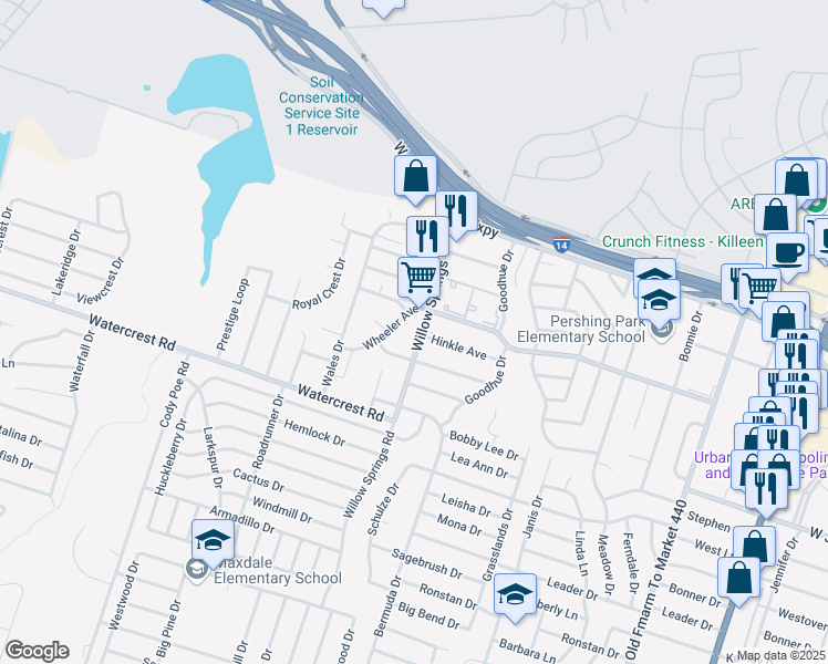 map of restaurants, bars, coffee shops, grocery stores, and more near 2207 Wheeler Avenue in Killeen