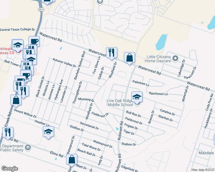 map of restaurants, bars, coffee shops, grocery stores, and more near 4403 Waterside Drive in Killeen