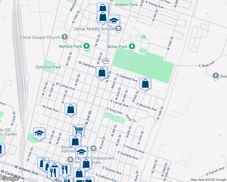 map of restaurants, bars, coffee shops, grocery stores, and more near 1312 North Main Street in Temple