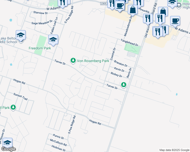 map of restaurants, bars, coffee shops, grocery stores, and more near 7437 Amber Meadow Loop in Temple