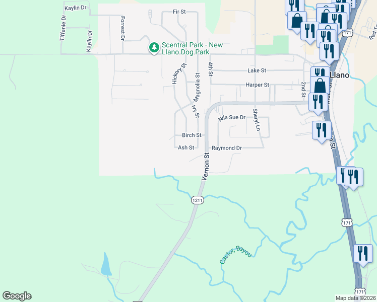 map of restaurants, bars, coffee shops, grocery stores, and more near 408 Ash Street in New Llano