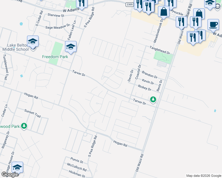 map of restaurants, bars, coffee shops, grocery stores, and more near 7539 Red Valley Way in Temple
