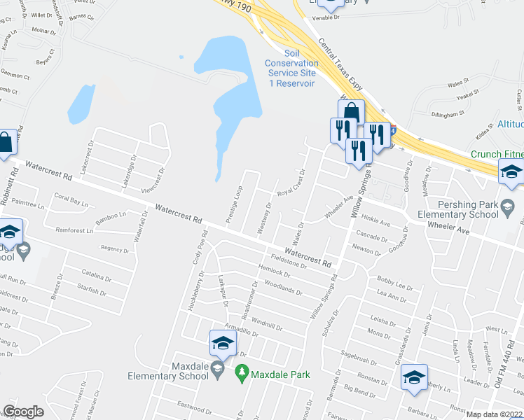 map of restaurants, bars, coffee shops, grocery stores, and more near 1403 Westway Drive in Killeen