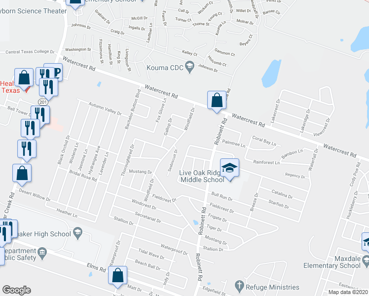 map of restaurants, bars, coffee shops, grocery stores, and more near 4403 Waterside Drive in Killeen