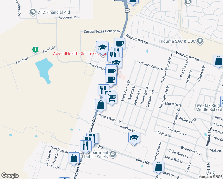 map of restaurants, bars, coffee shops, grocery stores, and more near 2408 South Clear Creek Road in Killeen