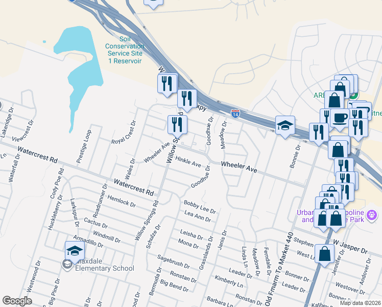 map of restaurants, bars, coffee shops, grocery stores, and more near 1100 Willow Springs Road in Killeen