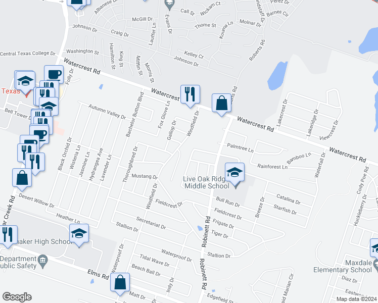 map of restaurants, bars, coffee shops, grocery stores, and more near 4211 Thunder Creek Drive in Killeen