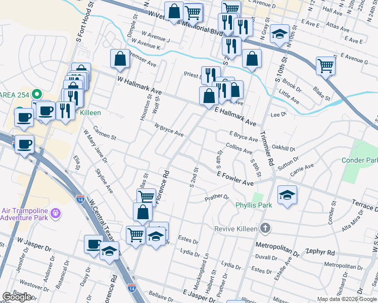 map of restaurants, bars, coffee shops, grocery stores, and more near 907 Florence Road in Killeen