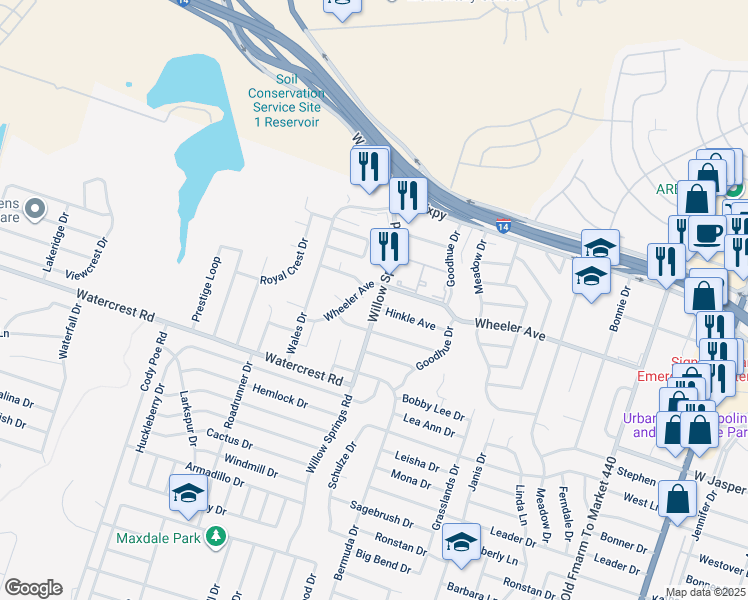 map of restaurants, bars, coffee shops, grocery stores, and more near 2110 Wheeler Avenue in Killeen