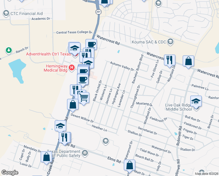 map of restaurants, bars, coffee shops, grocery stores, and more near 2602 Jasmine Lane in Killeen