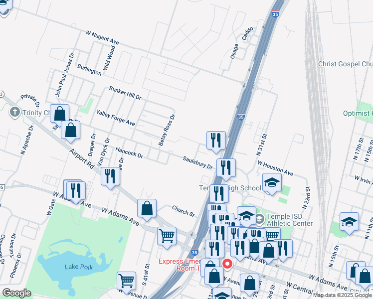 map of restaurants, bars, coffee shops, grocery stores, and more near 12300 Northwest H K Dodgen Loop in Temple