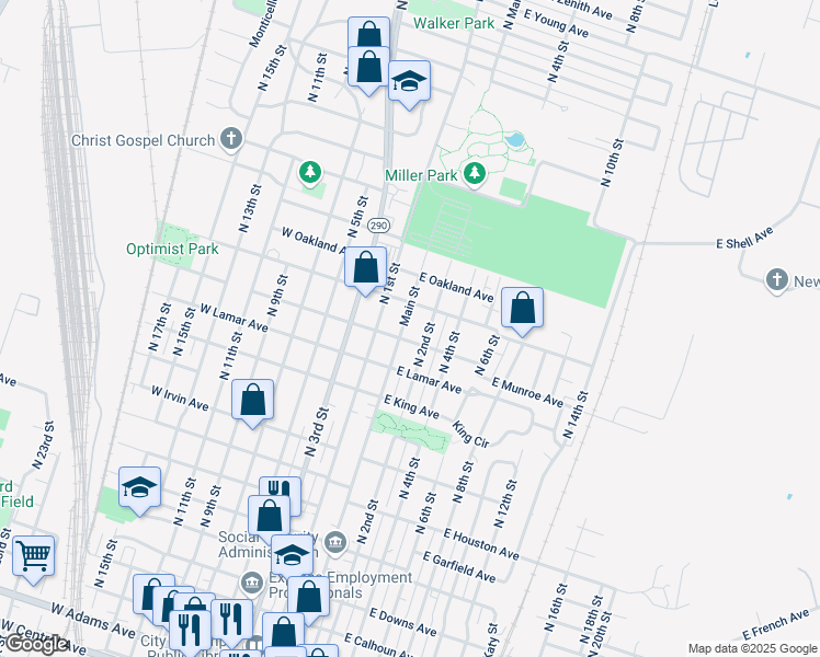 map of restaurants, bars, coffee shops, grocery stores, and more near 1312 North Main Street in Temple