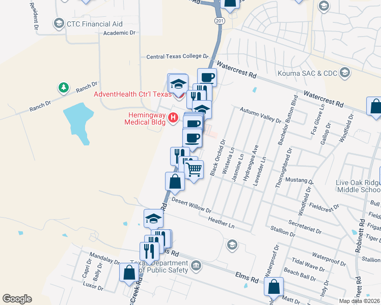 map of restaurants, bars, coffee shops, grocery stores, and more near 2710 South Clear Creek Road in Killeen