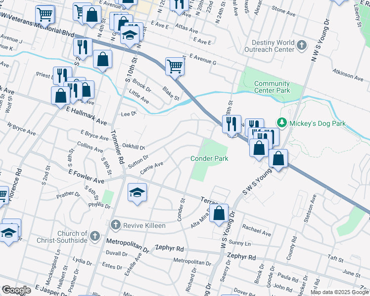 map of restaurants, bars, coffee shops, grocery stores, and more near 613 Carrie Avenue in Killeen
