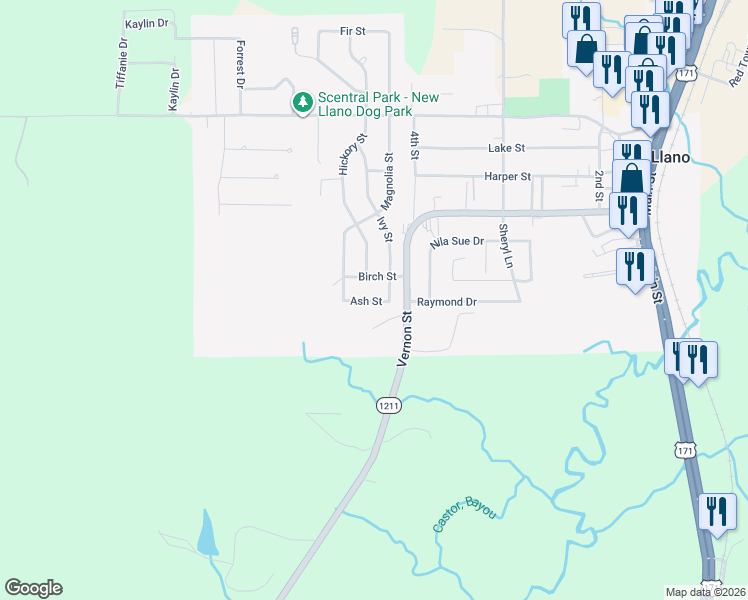 map of restaurants, bars, coffee shops, grocery stores, and more near 408 Ash Street in New Llano