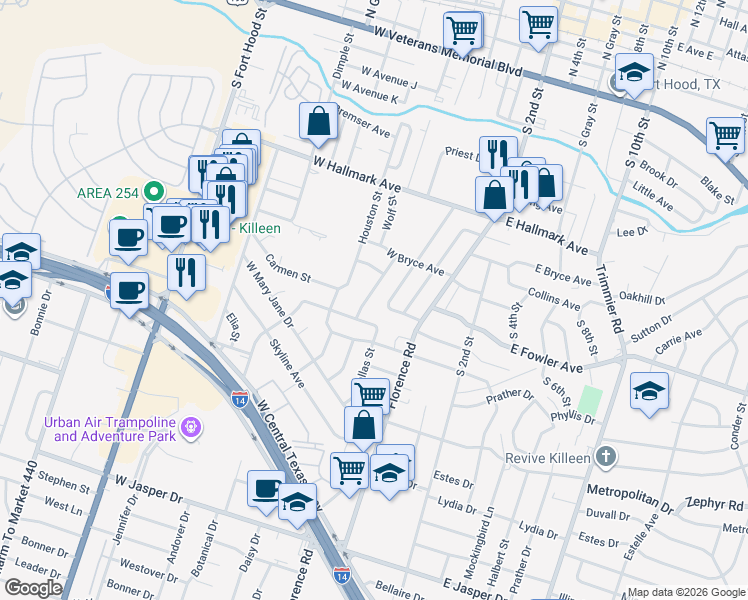 map of restaurants, bars, coffee shops, grocery stores, and more near 1009 San Antonio Street in Killeen