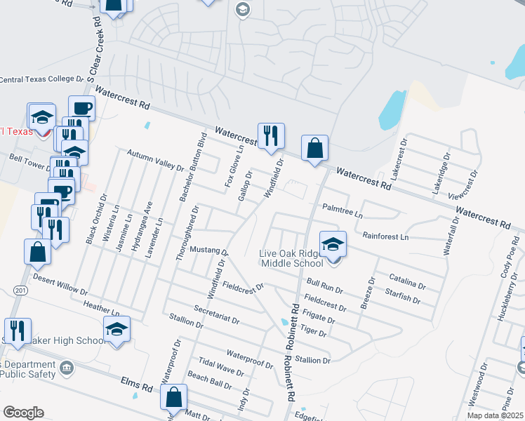 map of restaurants, bars, coffee shops, grocery stores, and more near 4403 Waterside Drive in Killeen