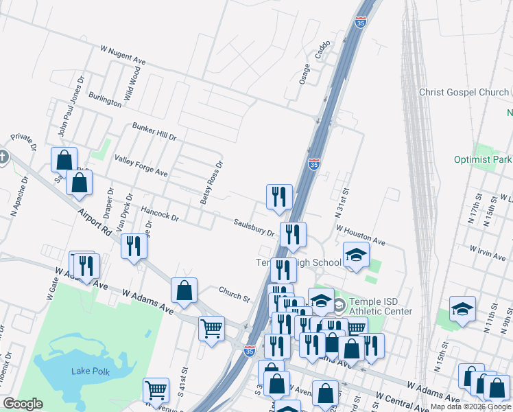 map of restaurants, bars, coffee shops, grocery stores, and more near 624 N General Bruce Dr in Temple