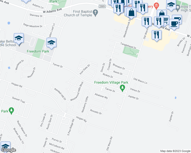 map of restaurants, bars, coffee shops, grocery stores, and more near 7503 Amber Meadow Loop in Temple