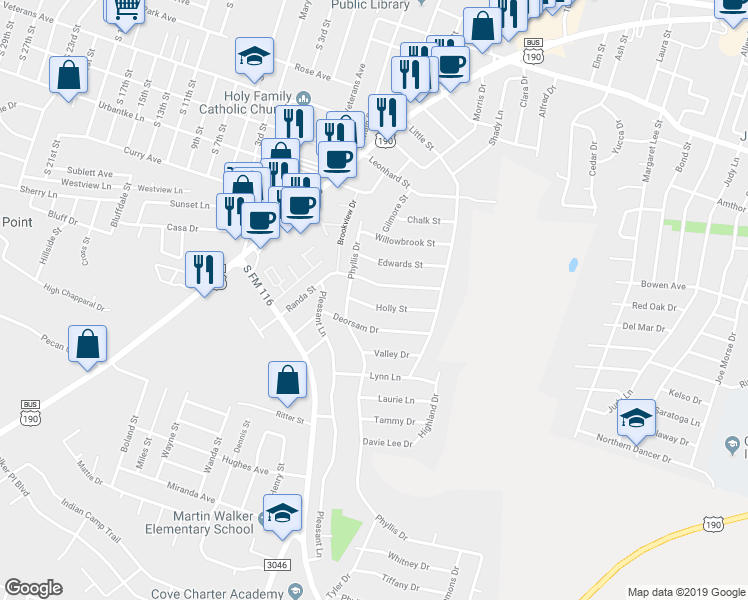 map of restaurants, bars, coffee shops, grocery stores, and more near 911 Holly Street in Copperas Cove
