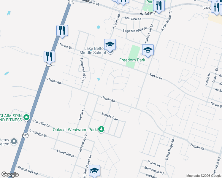 map of restaurants, bars, coffee shops, grocery stores, and more near 1112 Woodhollow Drive in Temple