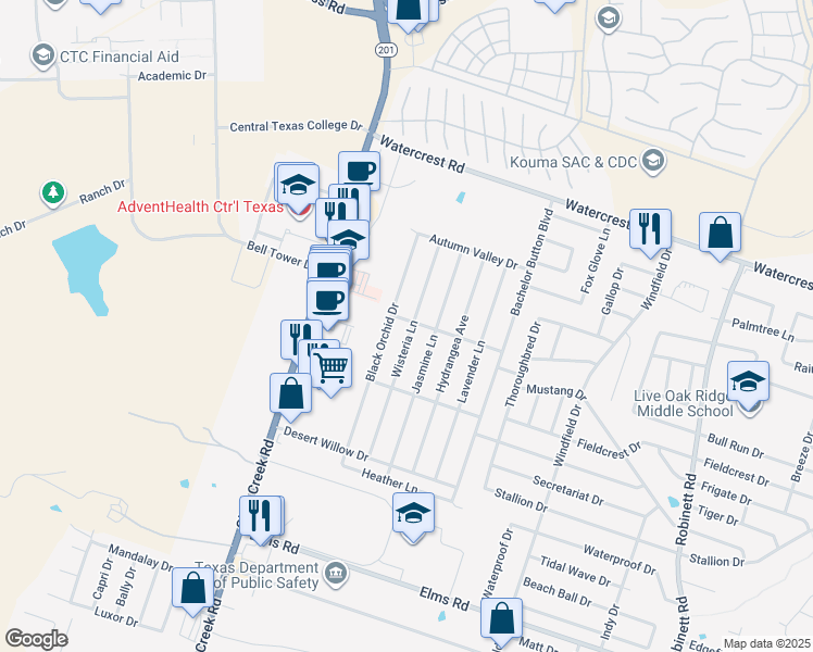 map of restaurants, bars, coffee shops, grocery stores, and more near 2705 Wisteria Lane in Killeen