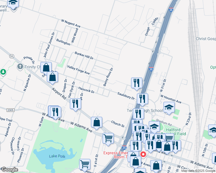 map of restaurants, bars, coffee shops, grocery stores, and more near 2205 Valley Forge Avenue in Temple