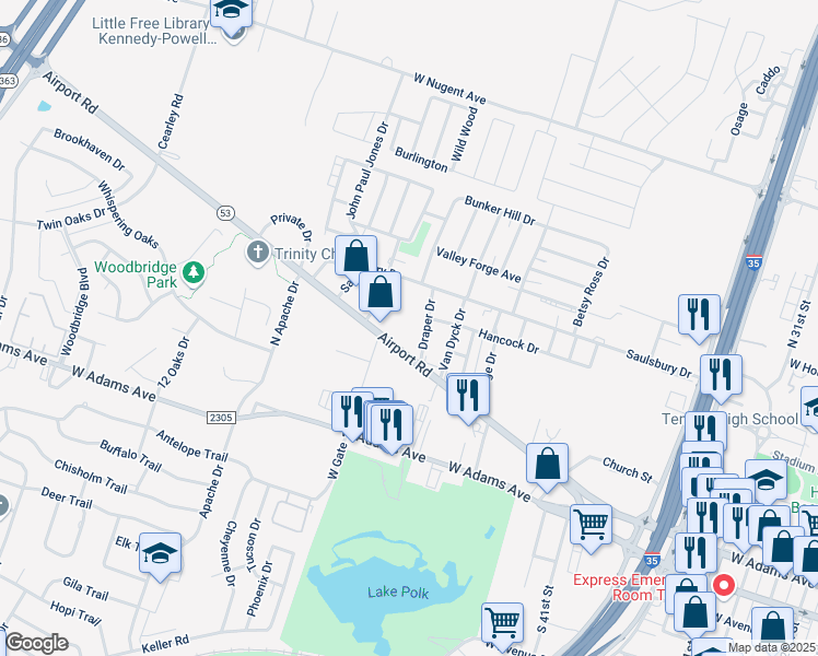 map of restaurants, bars, coffee shops, grocery stores, and more near 512 Draper Drive in Temple