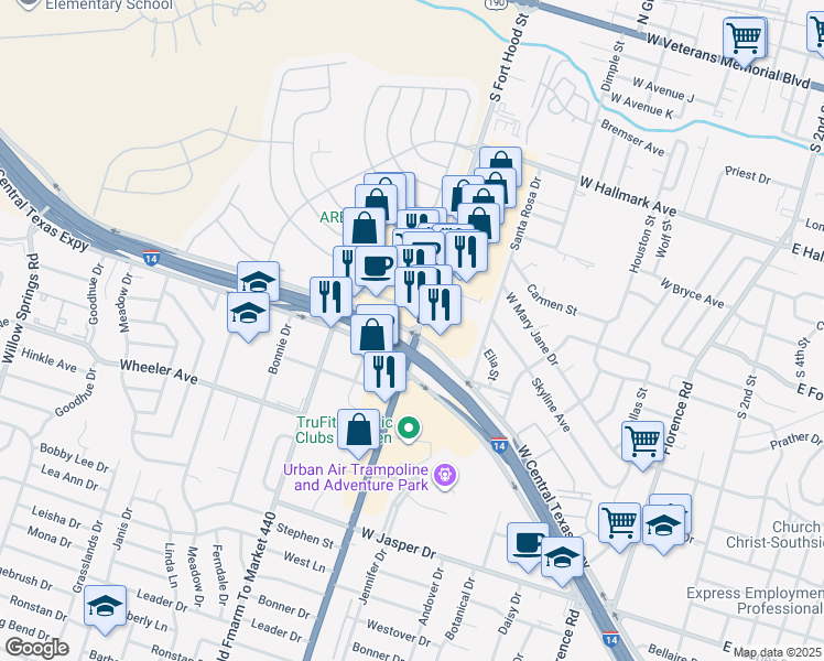 map of restaurants, bars, coffee shops, grocery stores, and more near 1105 South Fort Hood Street in Killeen