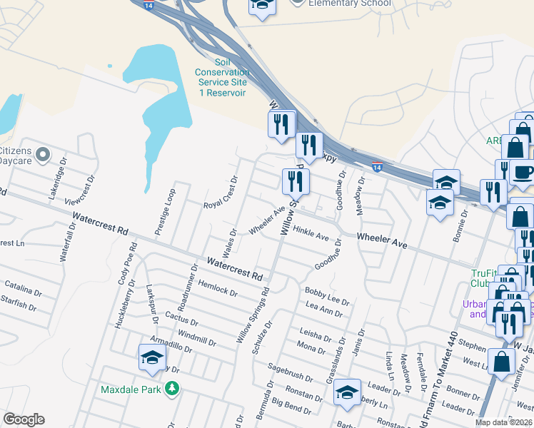 map of restaurants, bars, coffee shops, grocery stores, and more near 2207 Wheeler Avenue in Killeen